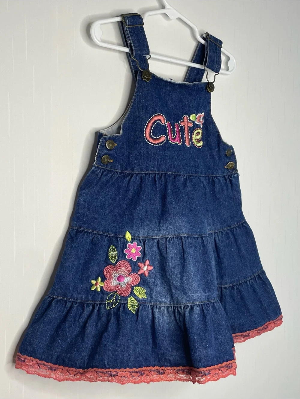 VTG Young Hearts Denim Jumper Overall Dress 2T Cute Embroidered Tiered Lace 2T